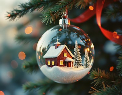 Glass ornament of a snow-covered house hangs on tree