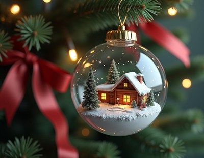 A snowy cabin ornament hangs on a christmas tree