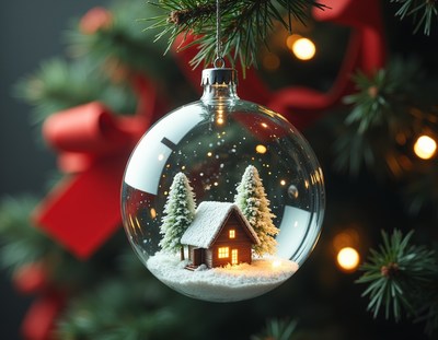 A glass christmas ornament is hanging from a christmas tree