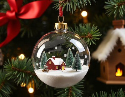 A glass ornament with a mini winter scene hangs