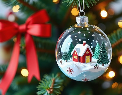 Glass ornament of a snowy house on a tree