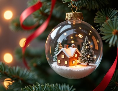 A clear glass christmas ornament hangs from a christmas tree