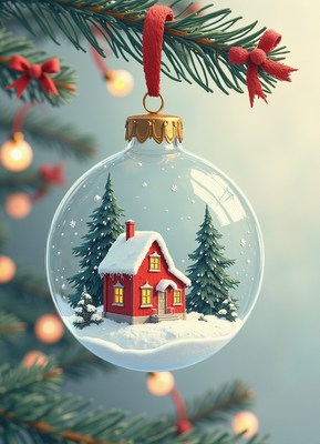 Snowy ornament of a red house on a pine tree