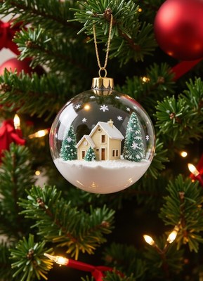 A glass christmas ornament hangs on a green christmas tree