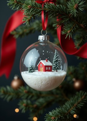 A red house ornament hangs on a christmas tree