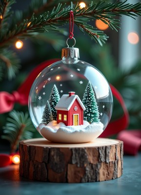 Glass ornament with mini house hangs on tree