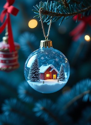 A glass christmas ornament hangs from a pine tree branch