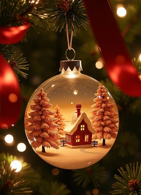 Mini winter scene ornament on the christmas tree