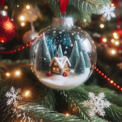 Glass ornament of a house and snowy trees hangs on tree