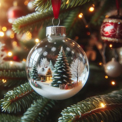 A snow-covered house sits inside a christmas ornament