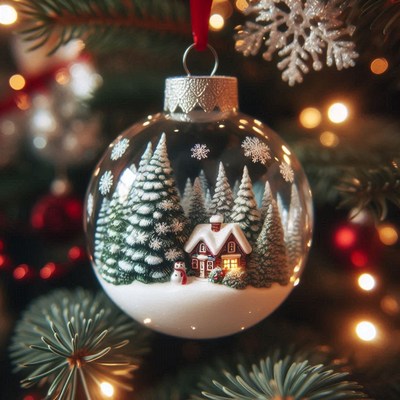 A snowy winter scene ornament hangs on a christmas tree