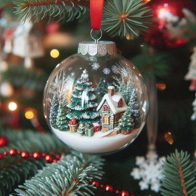 Glass ornament with a snowy scene hangs on tree