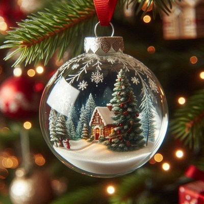 A snowy ornament hangs on the christmas tree