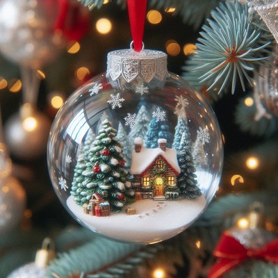 Snowy glass ornament on a christmas tree