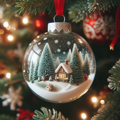 A glass ornament with a winter scene hangs on a tree