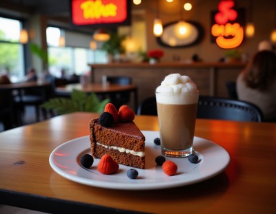 A slice of cake with berries and a glass of coffee in a cafe