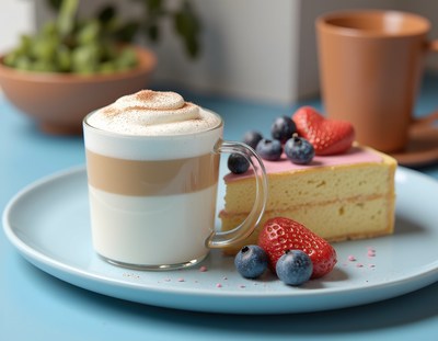 A latte and a slice of cake with berries