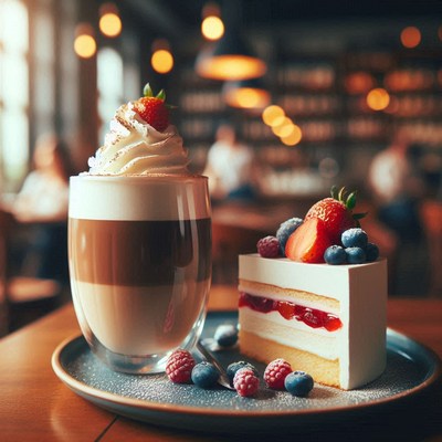 Latte with whipped cream and strawberry by cake slice