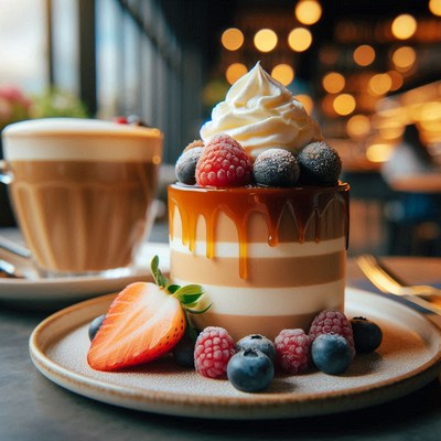 Caramel cake with berries next to a coffee cup