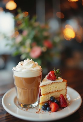 Warm drink, whipped cream, cake with berries