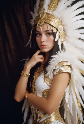 Woman models ornate headdress indoors