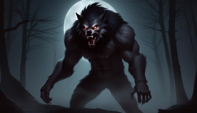 Werewolf howls under a full moon in a dark forest