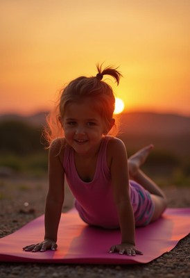 Girl practices yoga at sunset outdoors