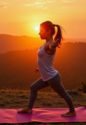 Woman practices yoga at sunset in mountains