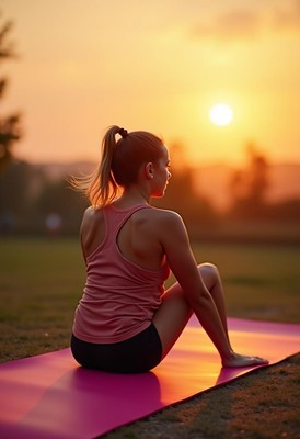 Woman meditates at sunset outdoors
