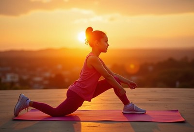 Woman stretches at sunset outdoors