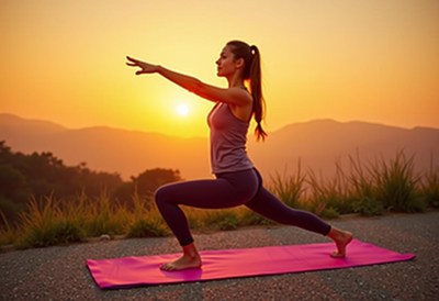 Woman practices yoga at sunrise in mountains