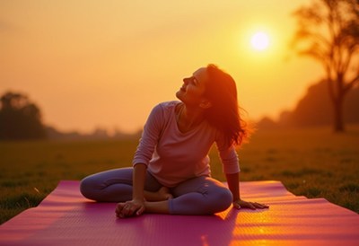 Woman practices yoga at sunset in a park