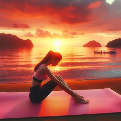 Woman practices yoga at sunrise by the ocean
