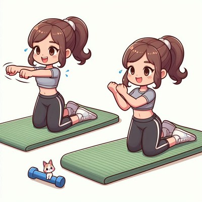 Girl performs arm exercises on mat