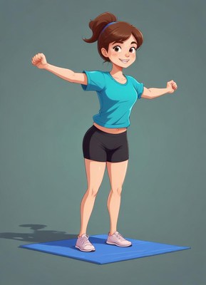 Woman performs arm stretches on a mat