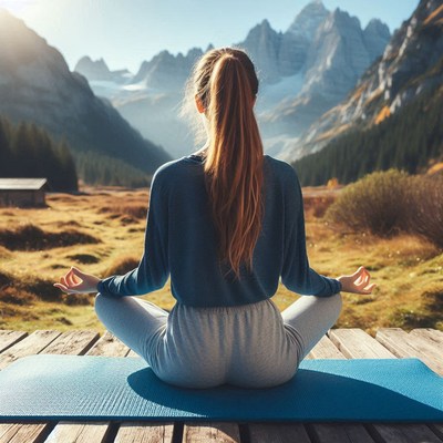 Meditating in serene mountain landscape during sunset