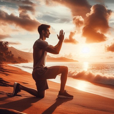 Man practicing yoga on the beach at sunset