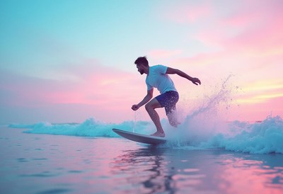 Surfer enjoys vibrant sunset surf session at the beach