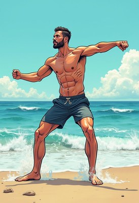 Fit man poses confidently on beach at sunny day