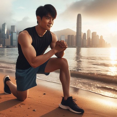 Muscular man exercising on beach at sunrise in hong kong