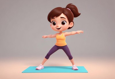 Animated character performing a fitness exercise at home