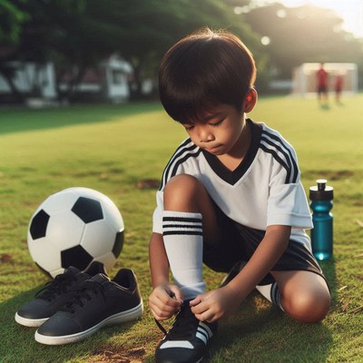 Young boy ties shoelaces preparing for soccer practice