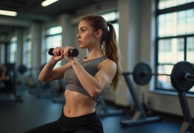 Woman exercising with dumbbells in a modern gym