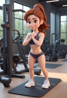 Cartoon character exercising in modern gym environment