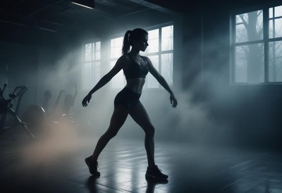 Woman exercising in a dimly lit gym with fog