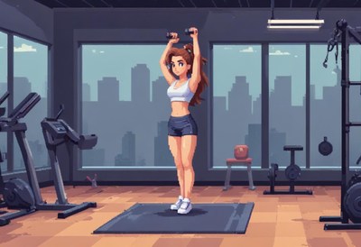 Woman exercising in modern gym with city view