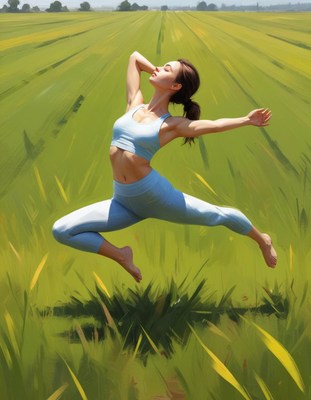 Joyful woman jumping in a green field during summer