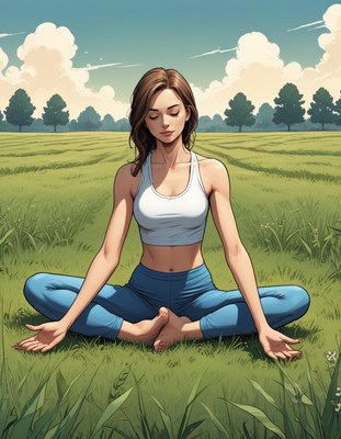 Woman practicing yoga in a grassy field during daytime