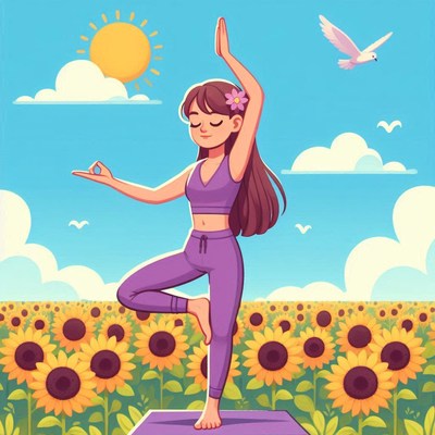 Young woman practicing yoga in a sunflower field