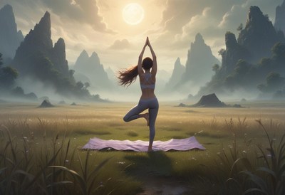 Woman practicing yoga in serene mountain landscape